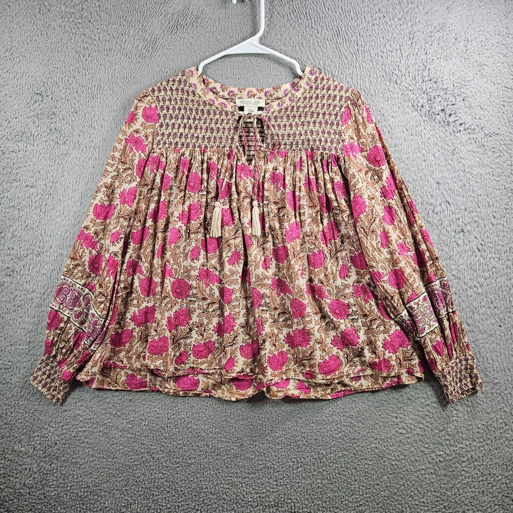 Rachel Zoe Top Blouse Women Medium Tassel Tie Neck Floral Beige Pink